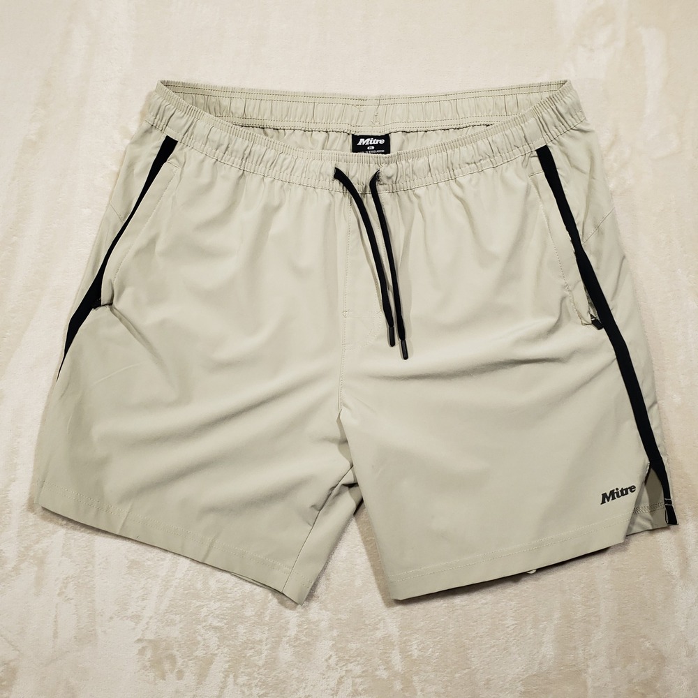 Mitre Athletic Shorts Men XL Tan Black Stripe Zipper Pockets Gym Soccer Training